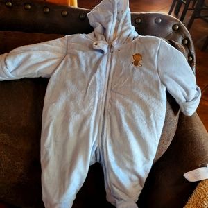 Carters Warm hooded footsie, baby blue, with monkeys. Size 0-3m. Never worn